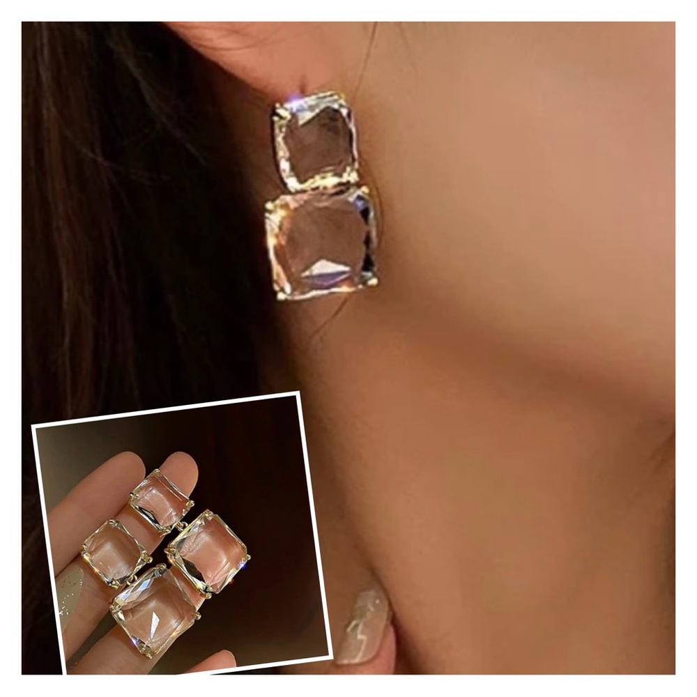 GEO RECTANGULAR AND SQUARE POST OR STUD ACRYLIC SET IN GOLD ALLOY EARRINGS-NEW
